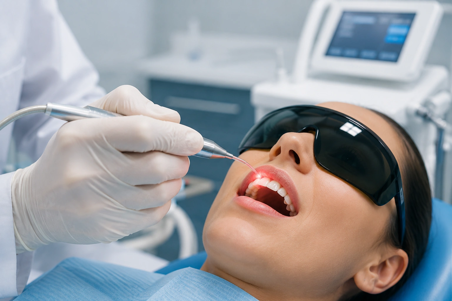 Dentist performing laser dentistry treatment with a dental laser device
